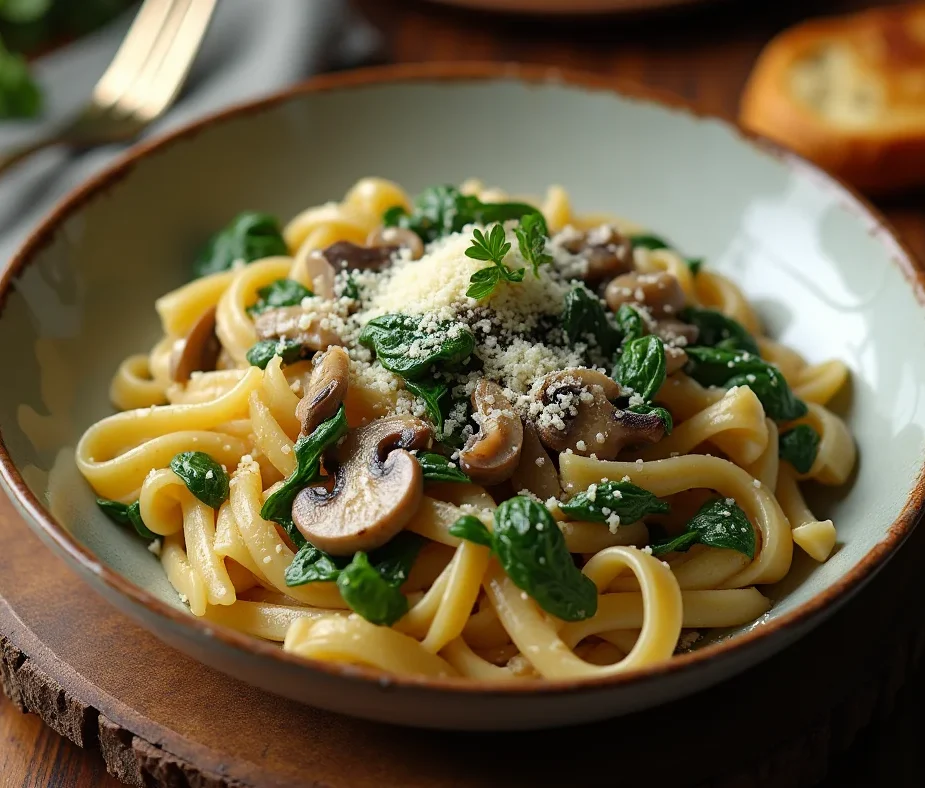 A plate of creamy Mushroom Spinach Pasta garnished with Parmesan and parsley, served on a rustic wooden table.