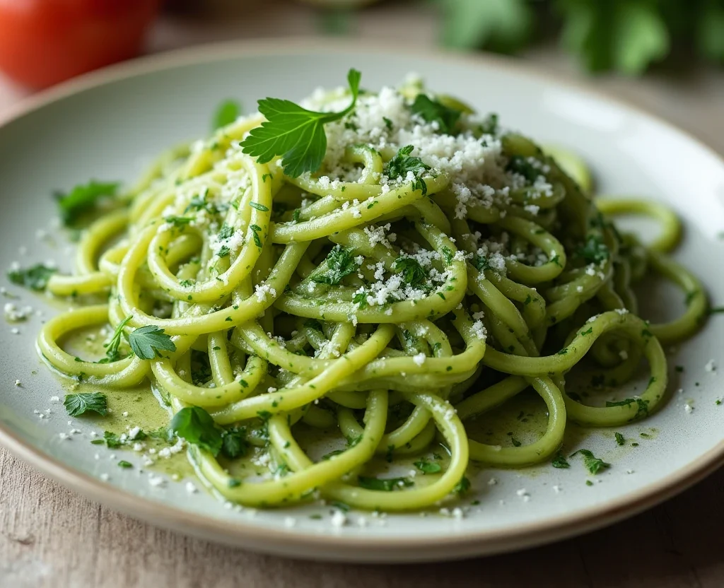 Vibrant green spaghetti served on a plate with garnishes.