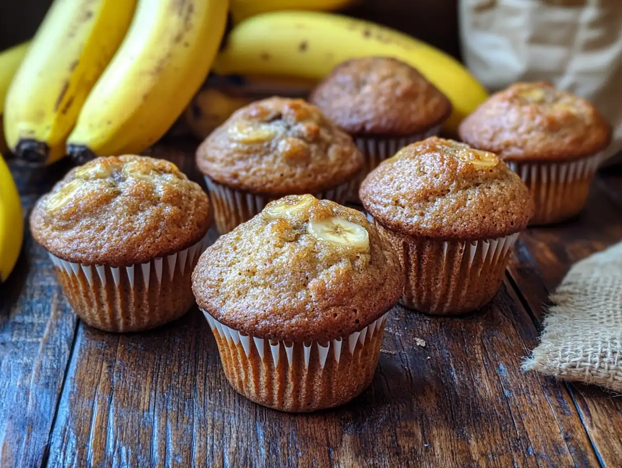 A batch of golden Kodiak banana muffins next to bananas and baking mix.