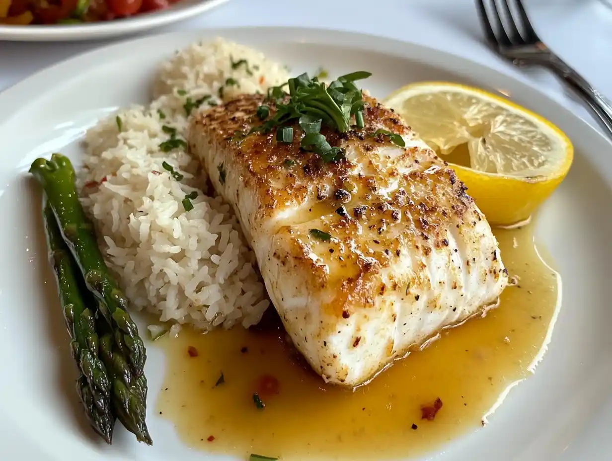 A beautifully plated white fish dish with lemon butter and asparagus