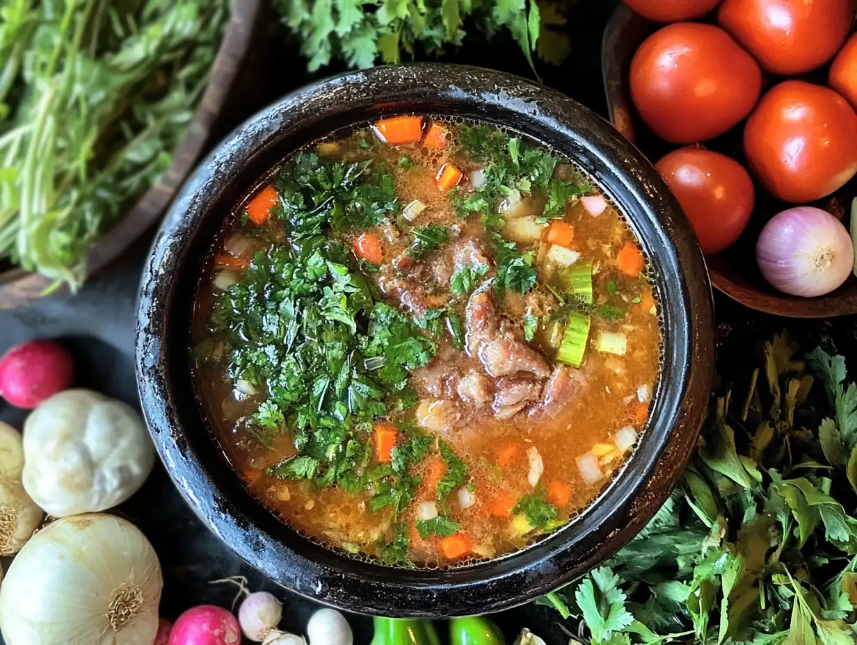 A bowl of Sinigang with beef and vegetables on a wooden table