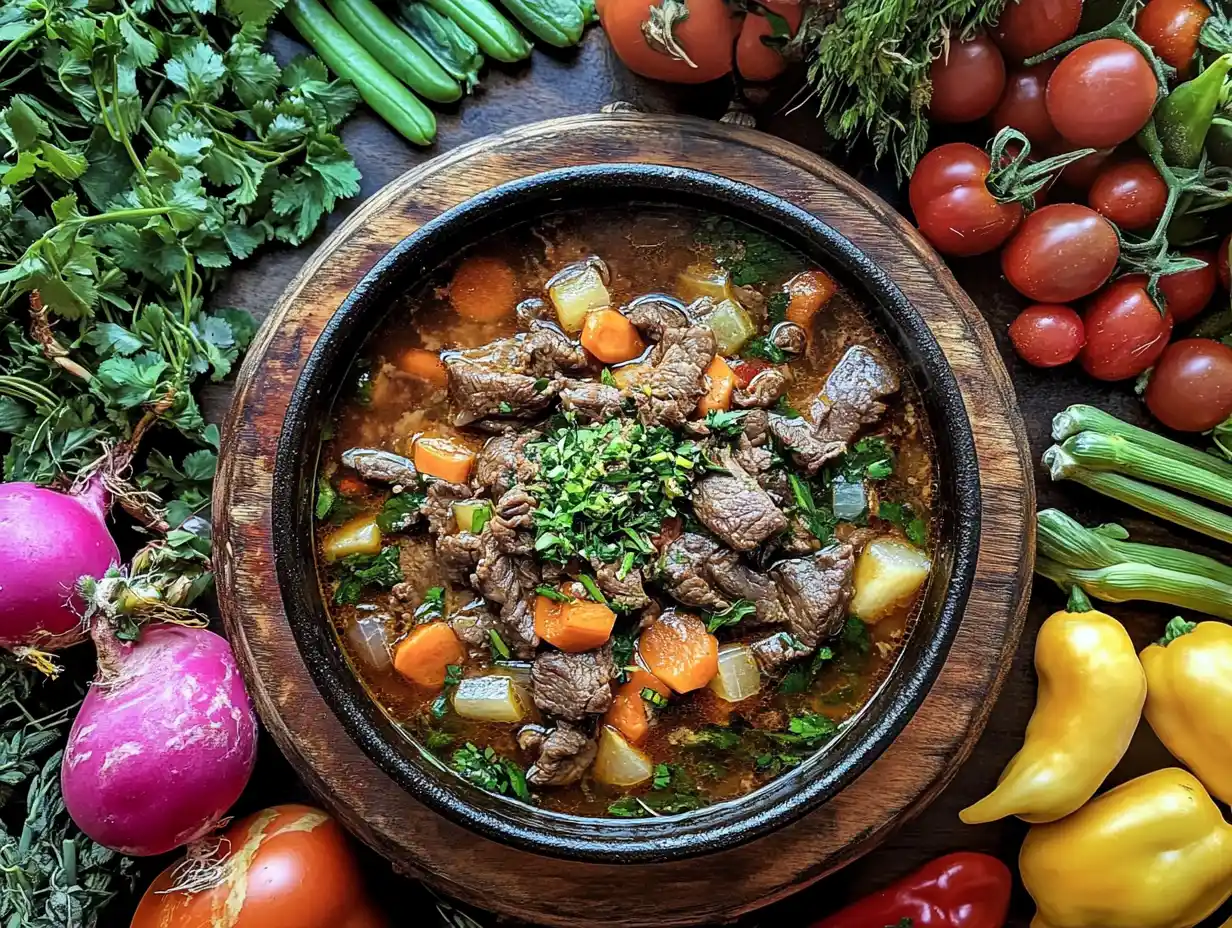 A bowl of beef sinigang with fresh vegetables and tamarind pods on the side