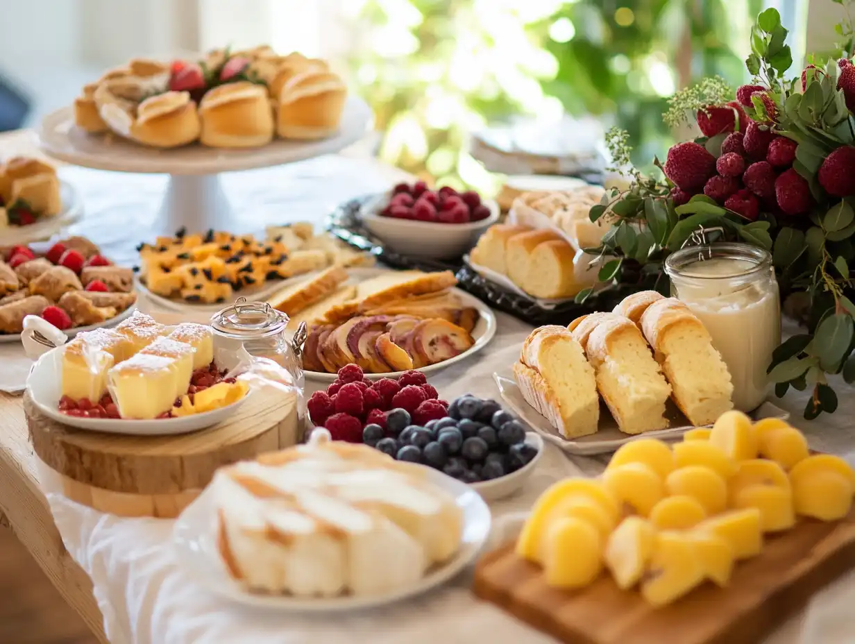 A colorful party table featuring gluten-free dishes and decorations