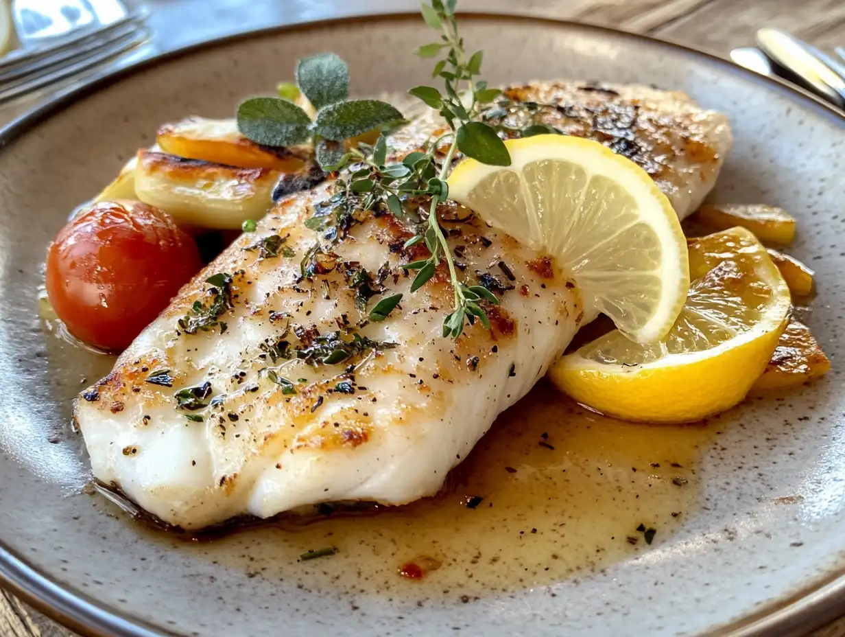 A delicious white fish fillet garnished with herbs and lemon