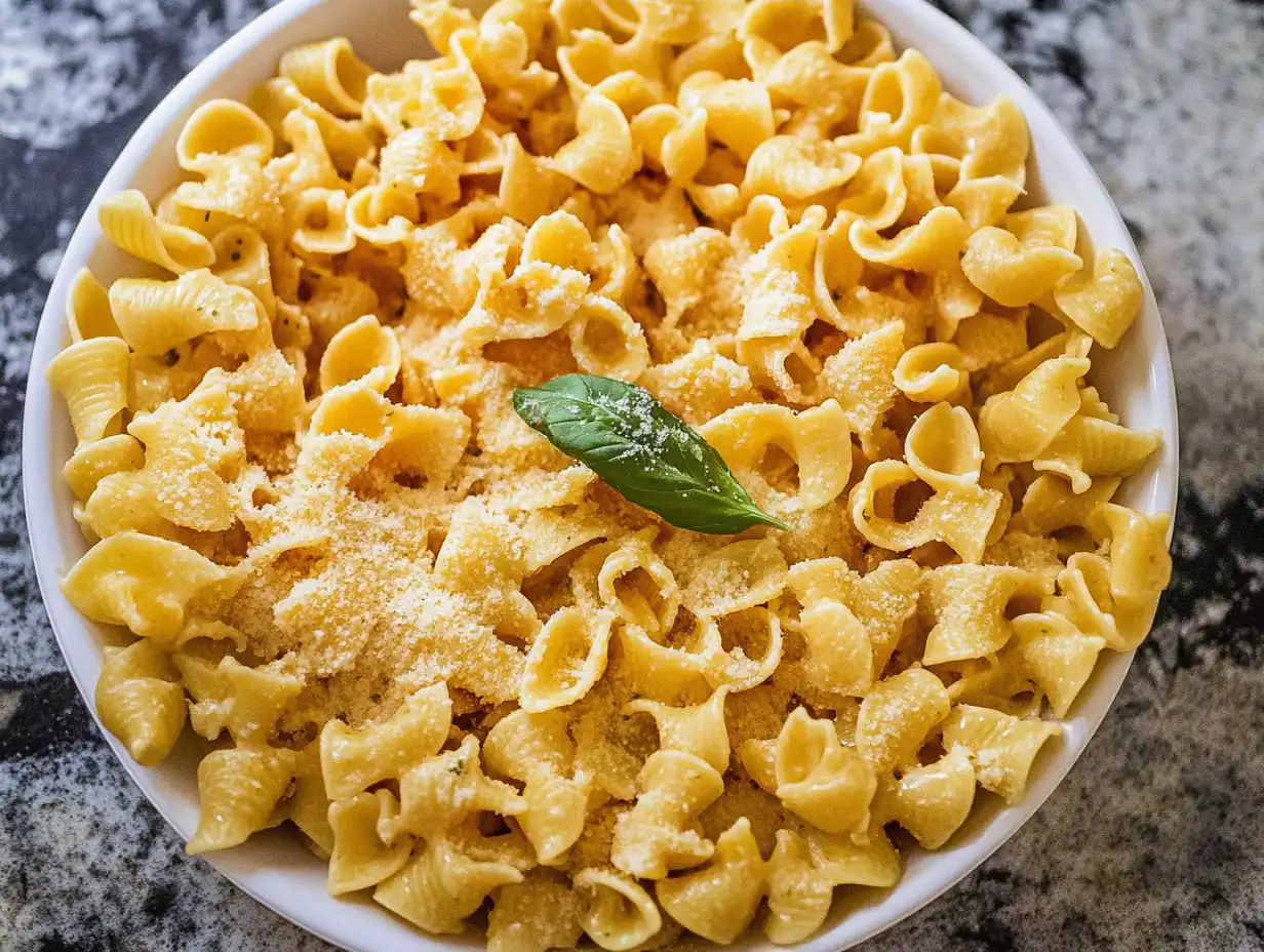 A dish of Gigli pasta served with creamy sauce and fresh basil.