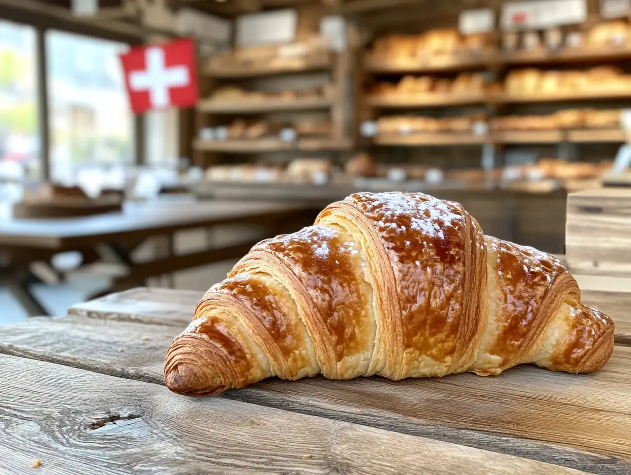 A freshly baked Swiss Gipfeli in a bakery.