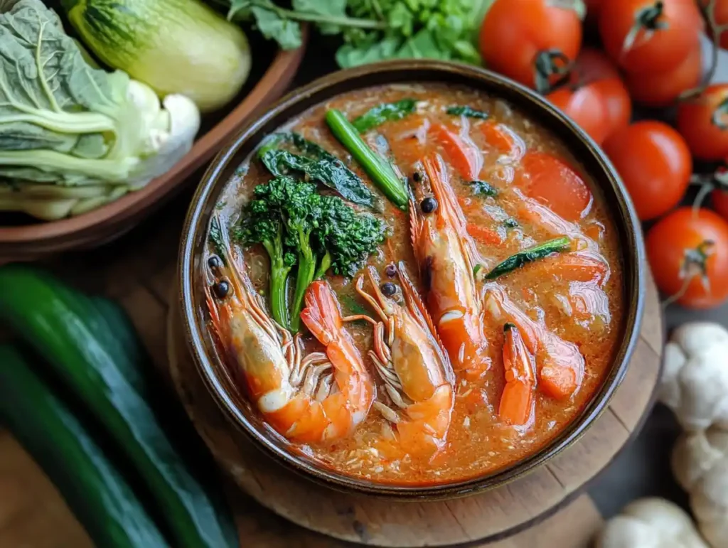 A packet of sinigang mix with fresh tamarind and a bowl of sinigang.