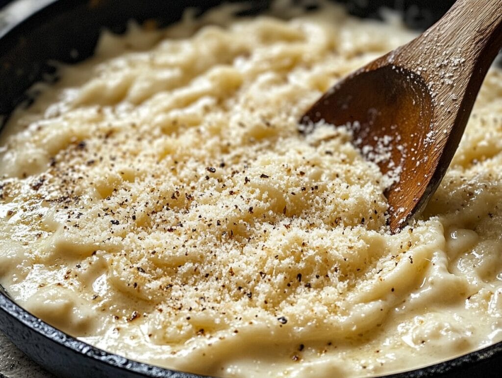 A skillet of creamy garlic Parmesan sauce with cheese