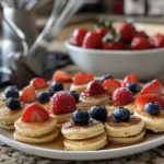 A stack of mini pancakes topped with berries and syrup in a kitchen setting