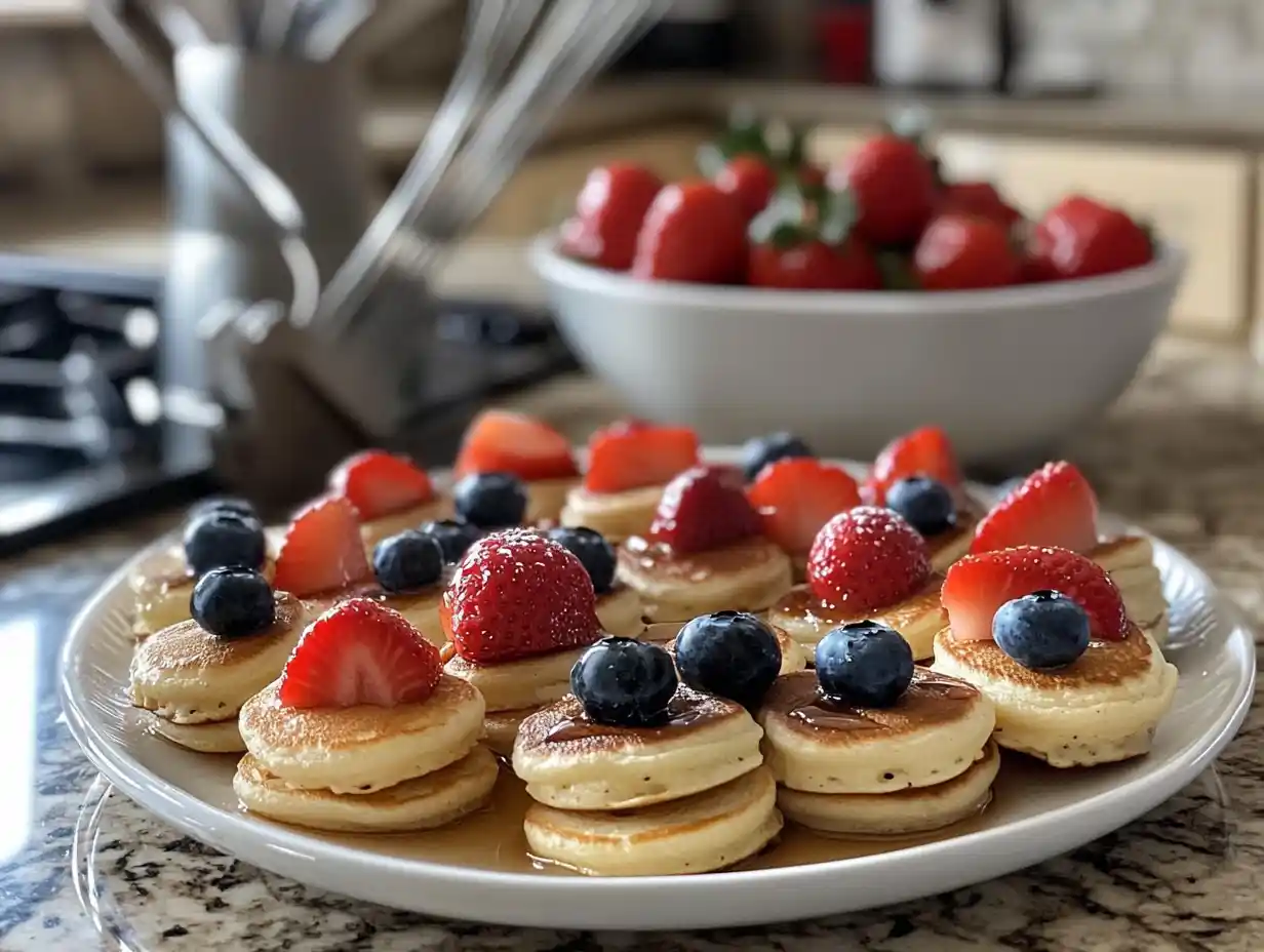 A stack of mini pancakes topped with berries and syrup in a kitchen setting