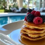 A stack of small pancakes with berries and syrup