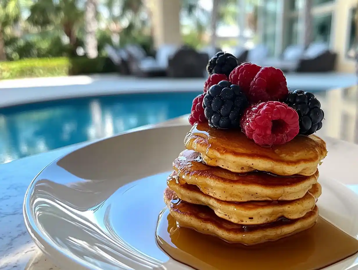 A stack of small pancakes with berries and syrup