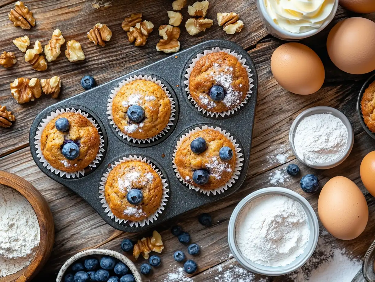 A tray of high-protein muffins with Greek yogurt on a wooden table