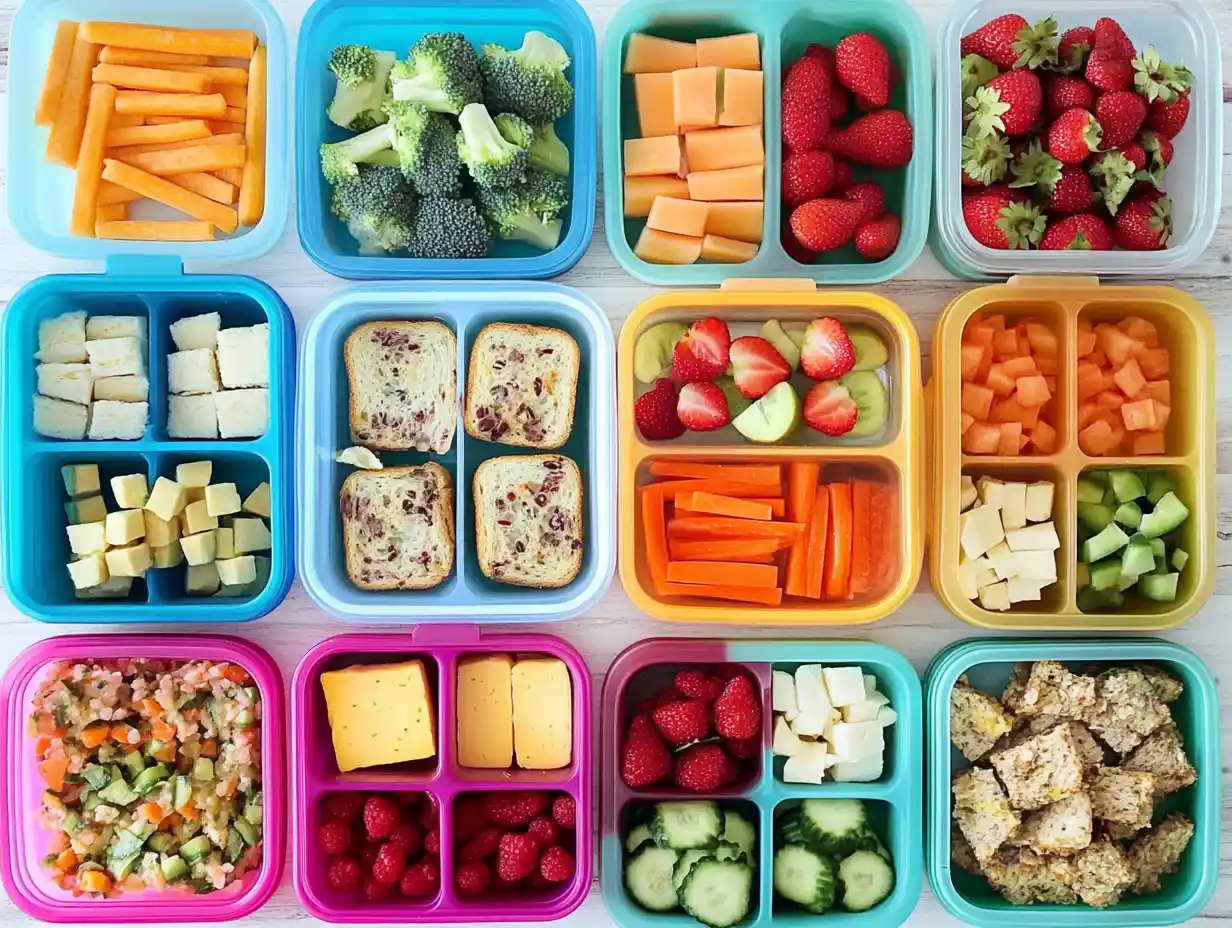 A vibrant assortment of toddler-friendly lunch ideas displayed in a bento box