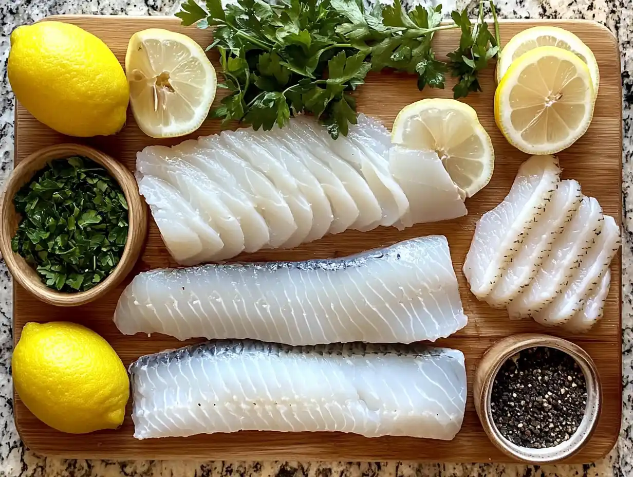 Assorted types of white fish on a wooden cutting board with herbs and lemons