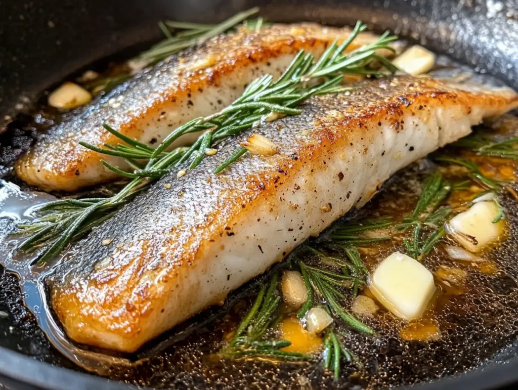Branzino fillet being pan-seared in a skillet