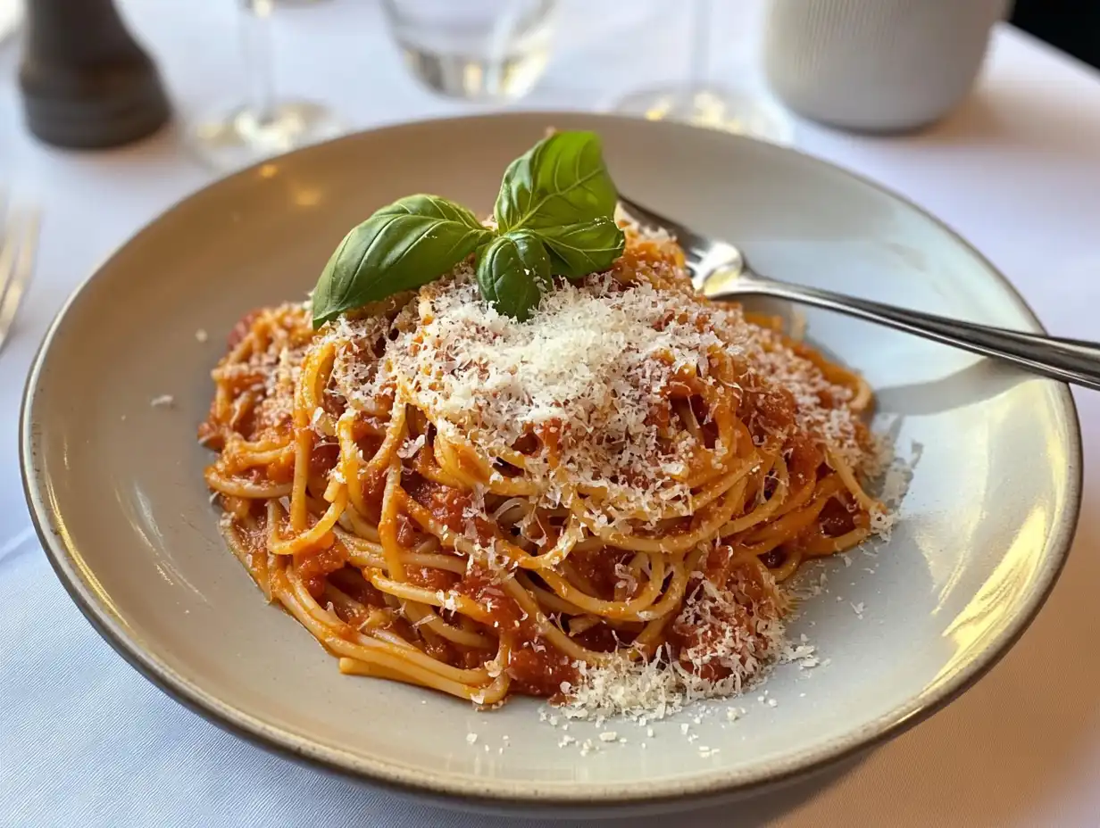 Capellini pomodoro served with basil and Parmesan