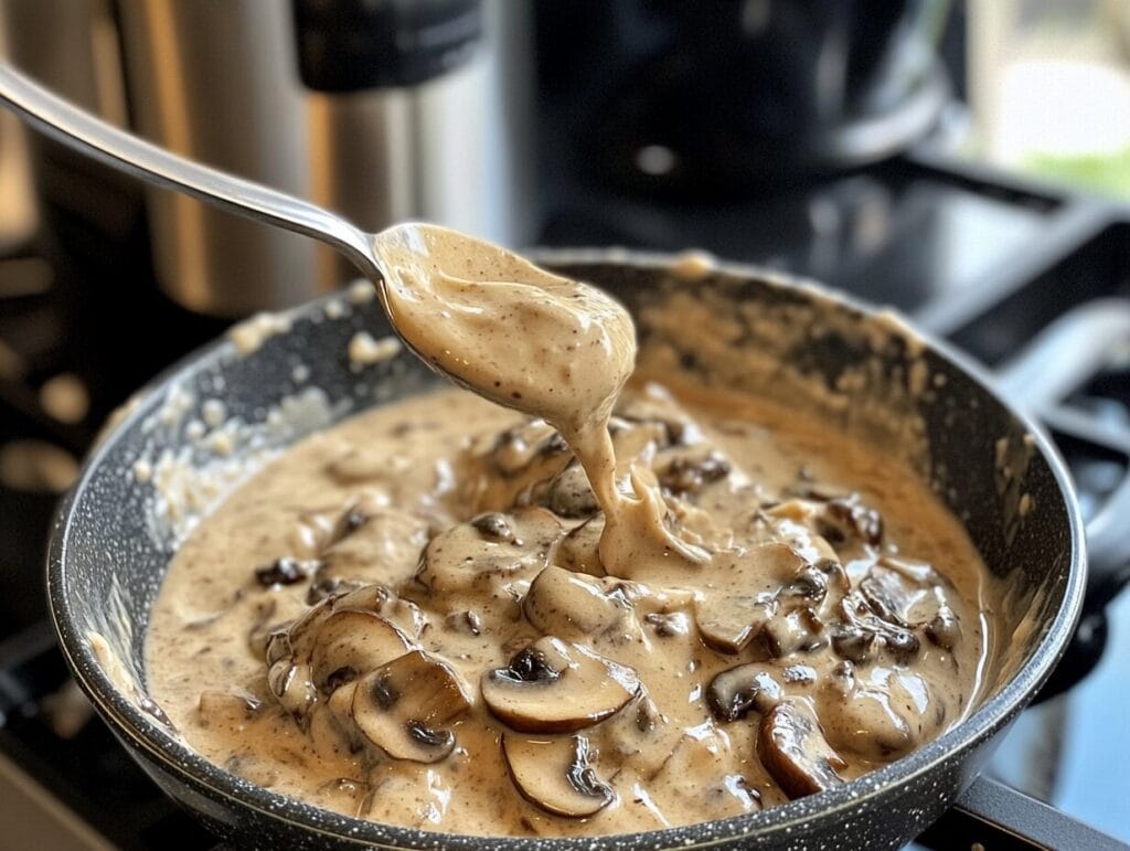 Cashew cream being added to mushroom sauce.