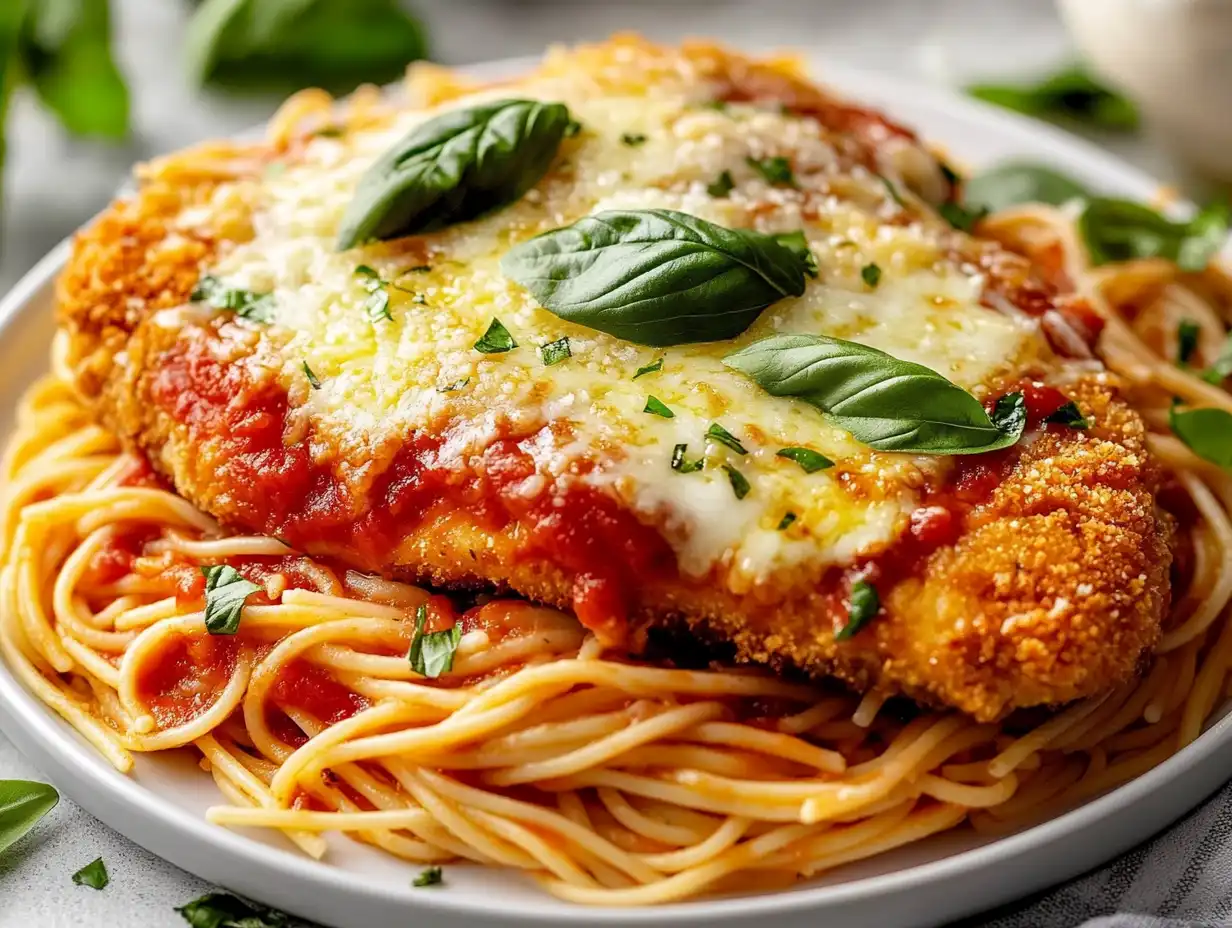 Chicken Parmesan served with spaghetti marinara and basil garnish