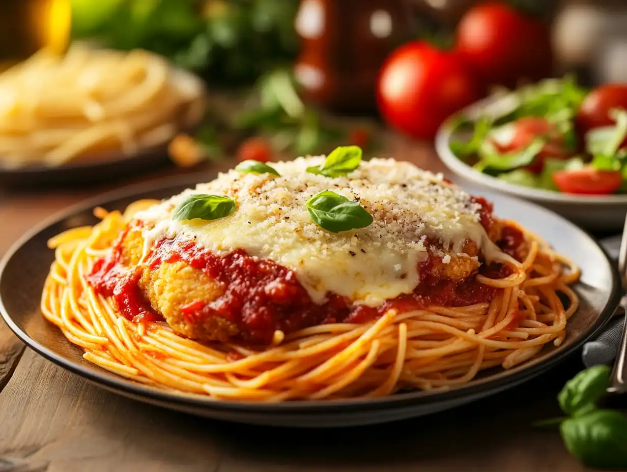 Chicken Parmesan with spaghetti and salad on a plate