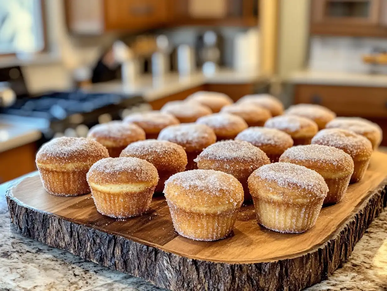 Cinnamon sugar donut muffins on a wooden platter