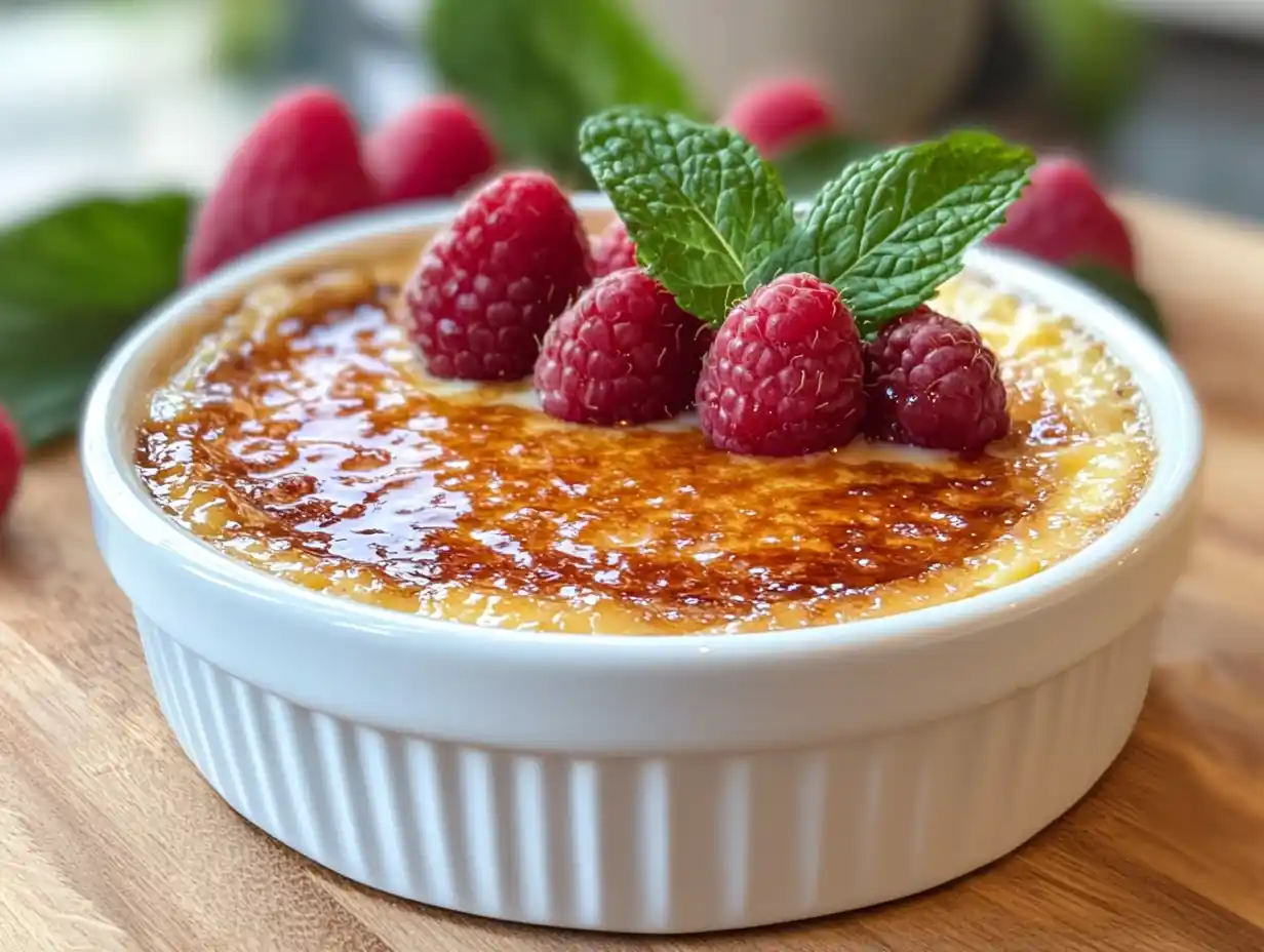 Classic crème brûlée dessert with caramelized sugar crust