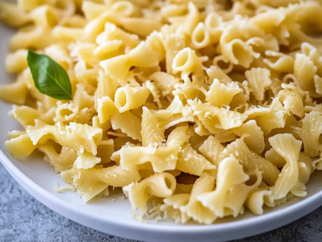 Cooked Gigli pasta with fresh basil and olive oil in a white bowl