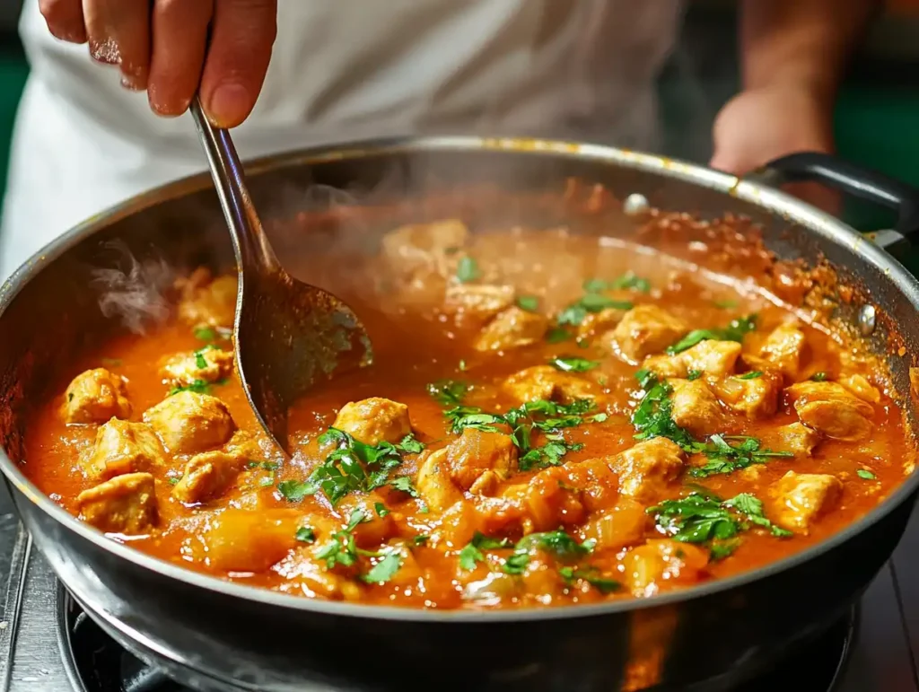 Chef preparing Godfather Chicken in a pot with simmering sauce.
