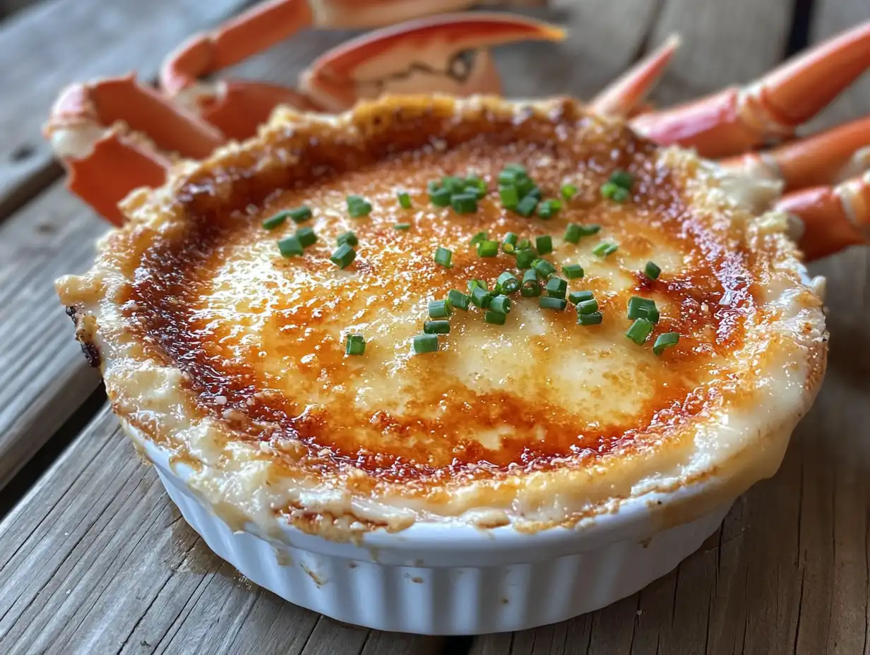 Crab brulee with a caramelized top and chives garnish