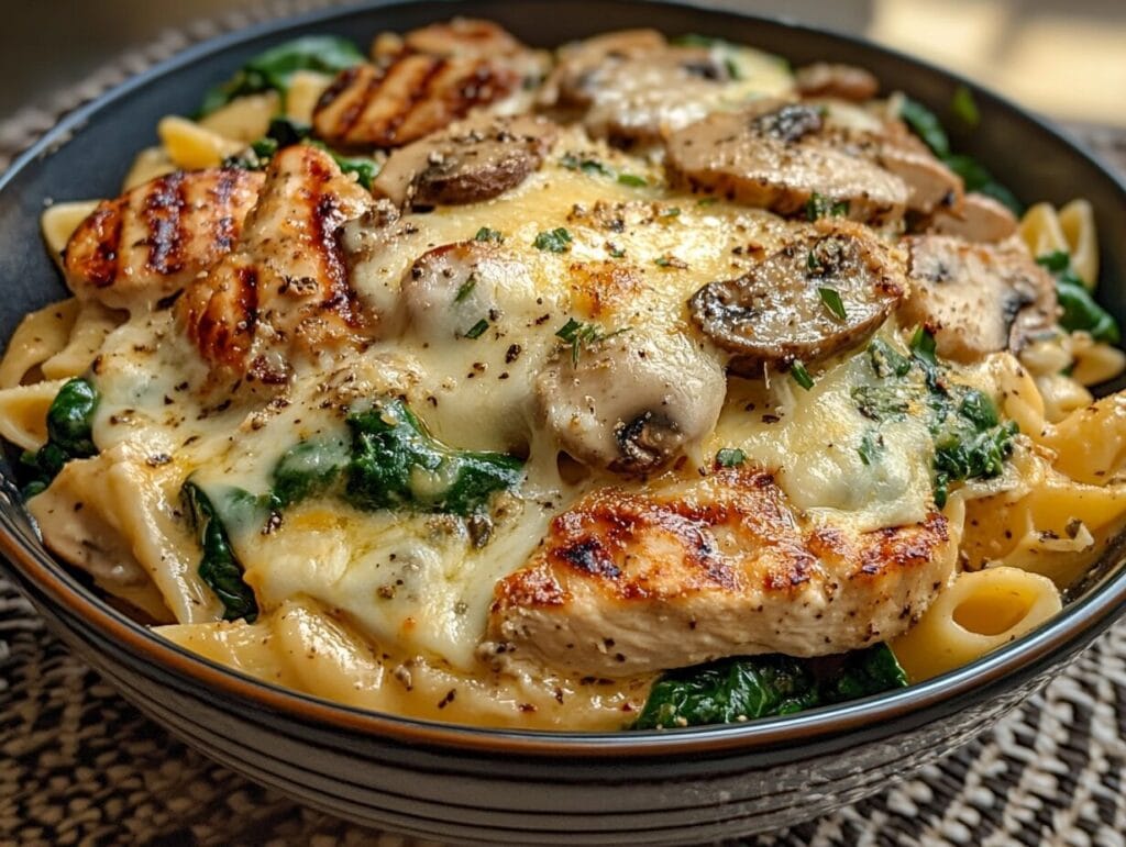 Creamy mushroom spinach pasta with cheese and grilled chicken.