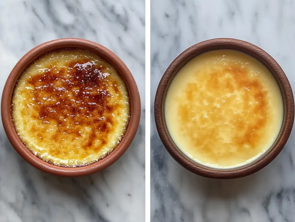 Crème brûlée and custard side by side.