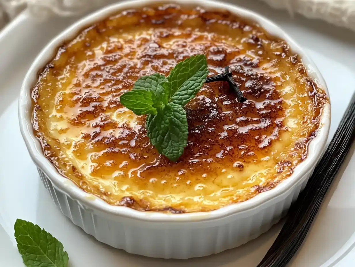 Crème brûlée dessert with caramelized sugar crust and garnish