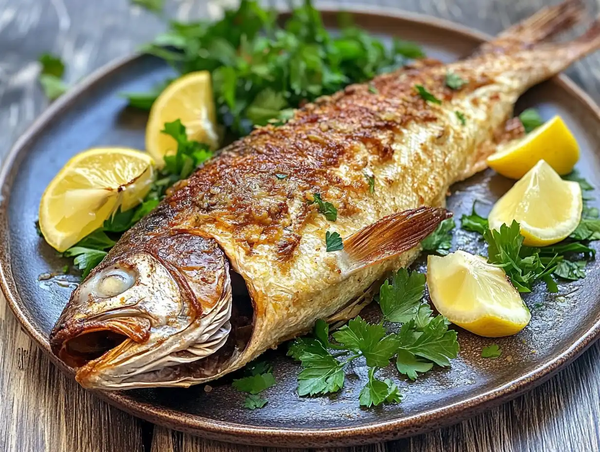 Crispy roasted Branzino served with lemon and herbs.