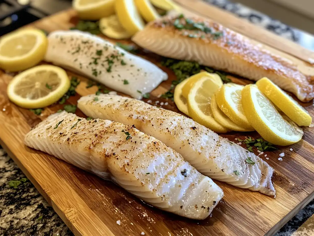 Different types of white fish fillets on a cutting board with lemon and herbs