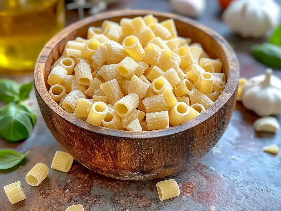 Uncooked ditalini pasta in a wooden bowl with fresh ingredients.