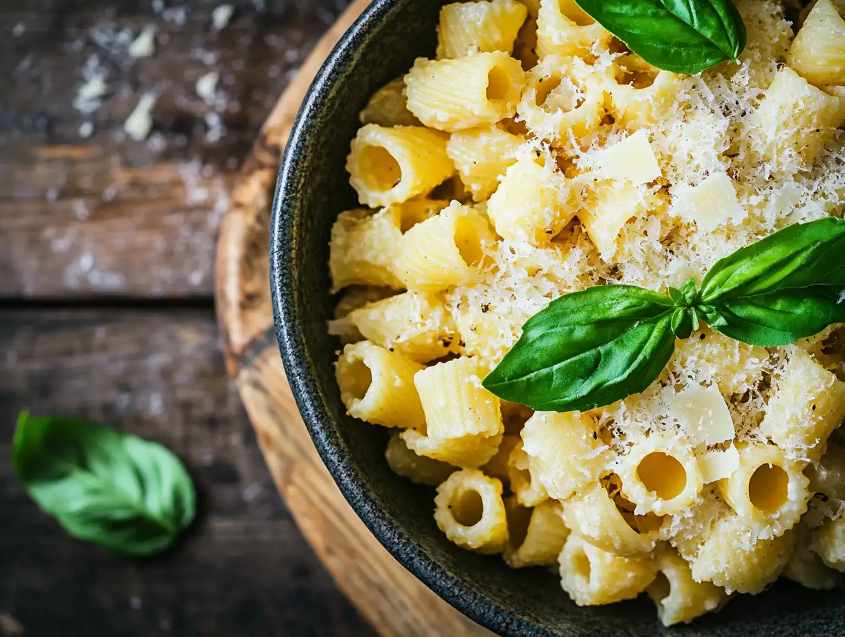 Bowl of cooked ditalini pasta garnished with fresh basil