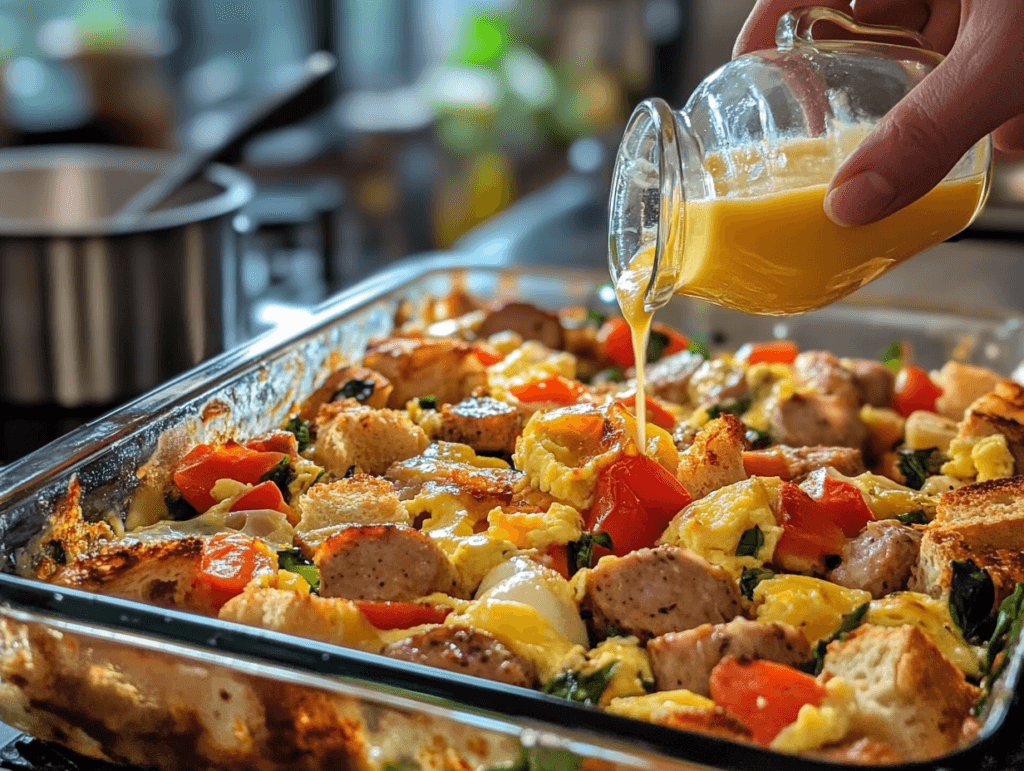 Egg mixture being poured into a casserole
