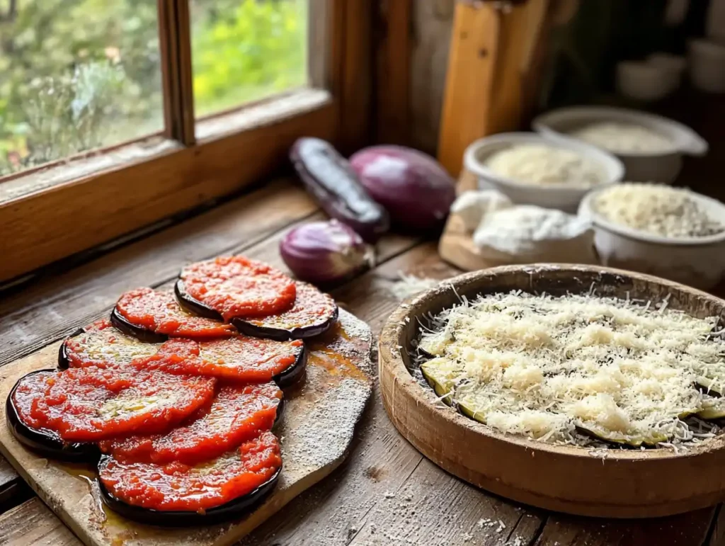 Preparation of Eggplant Parmesan in an Italian kitchen.