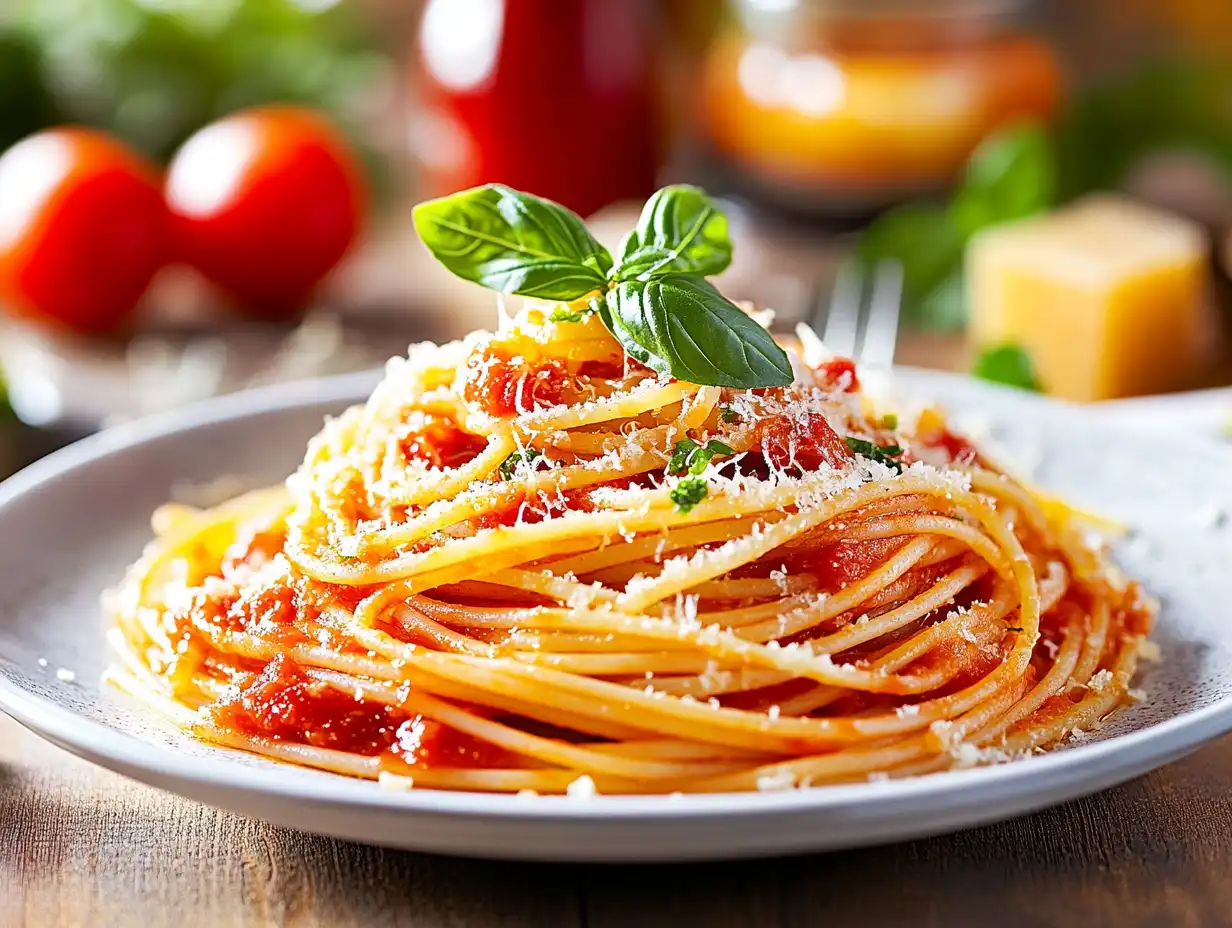 Spaghetti with fresh tomato sauce and basil