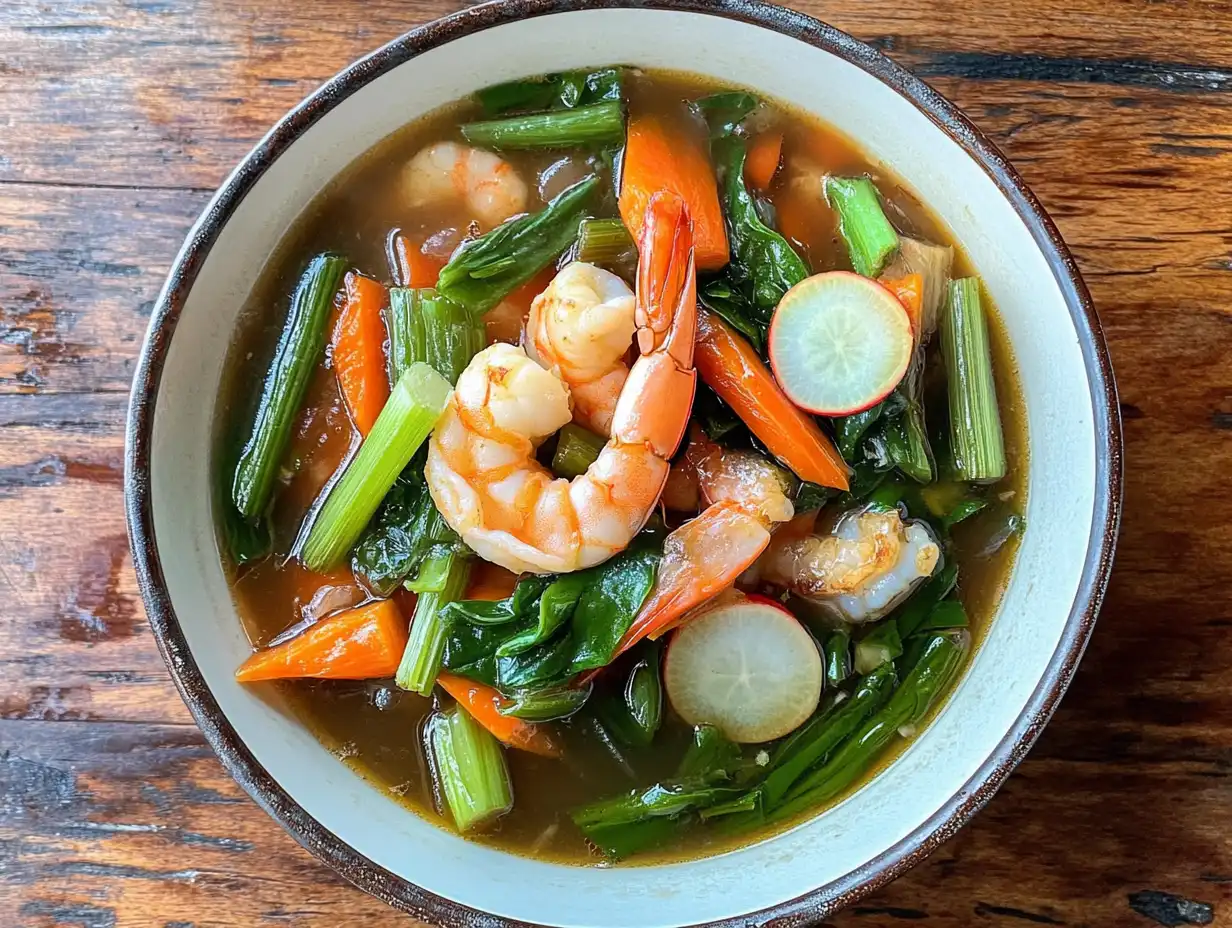 A vibrant bowl of Filipino sinigang with fresh vegetables and shrimp