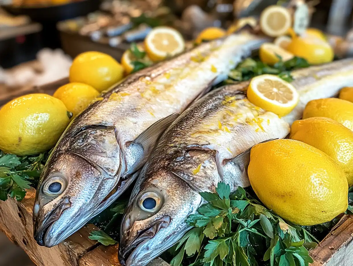 Fresh branzino fish displayed at a market