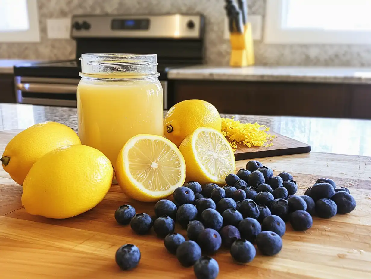 Fresh lemons and blueberries arranged on a kitchen countertop.