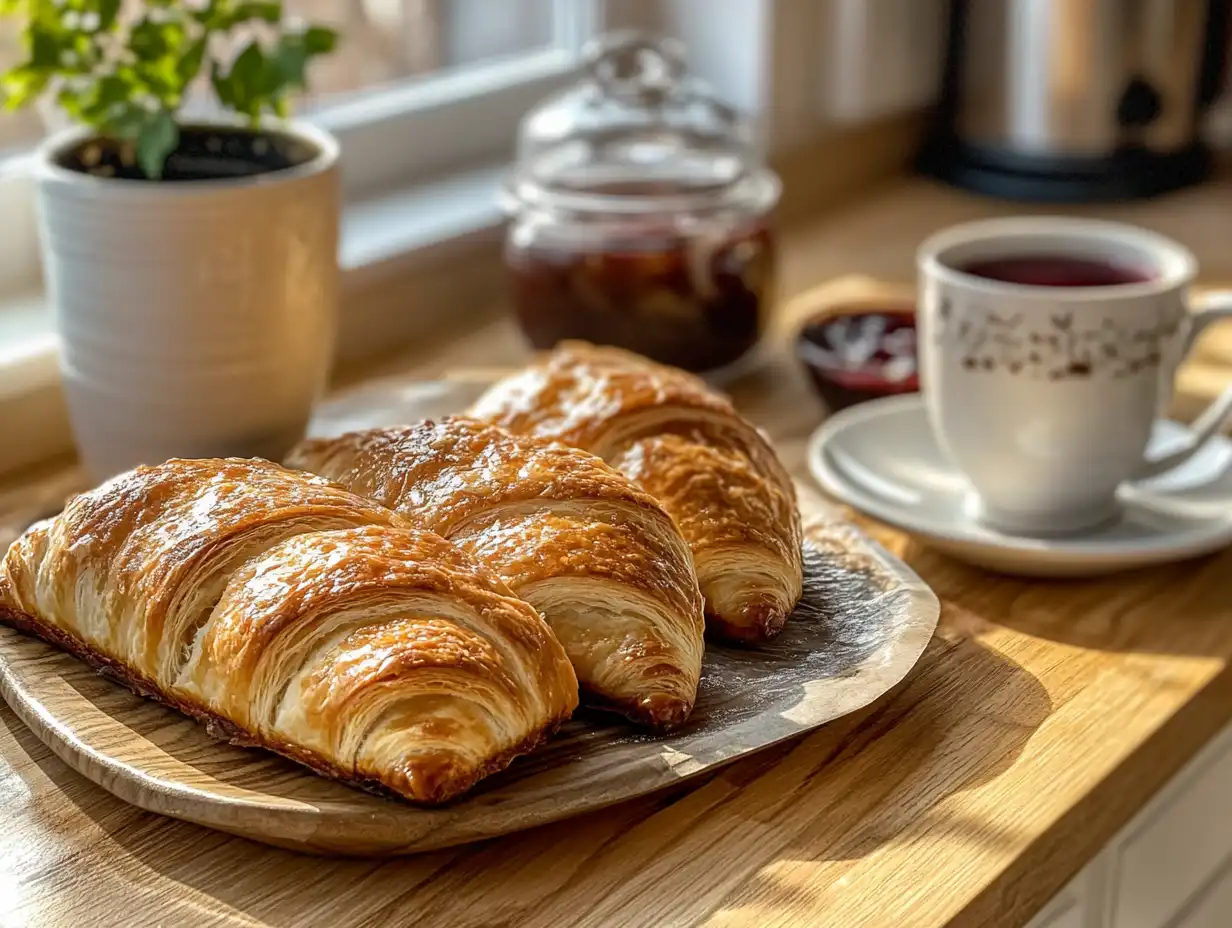 Freshly baked Gipfeli with coffee and jam