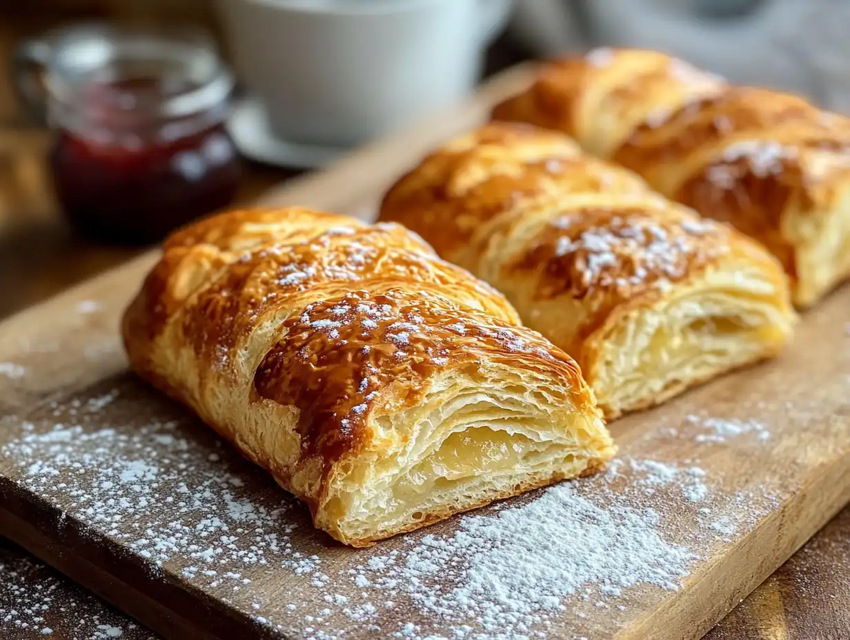 Freshly baked Gipfeli with jam and coffee