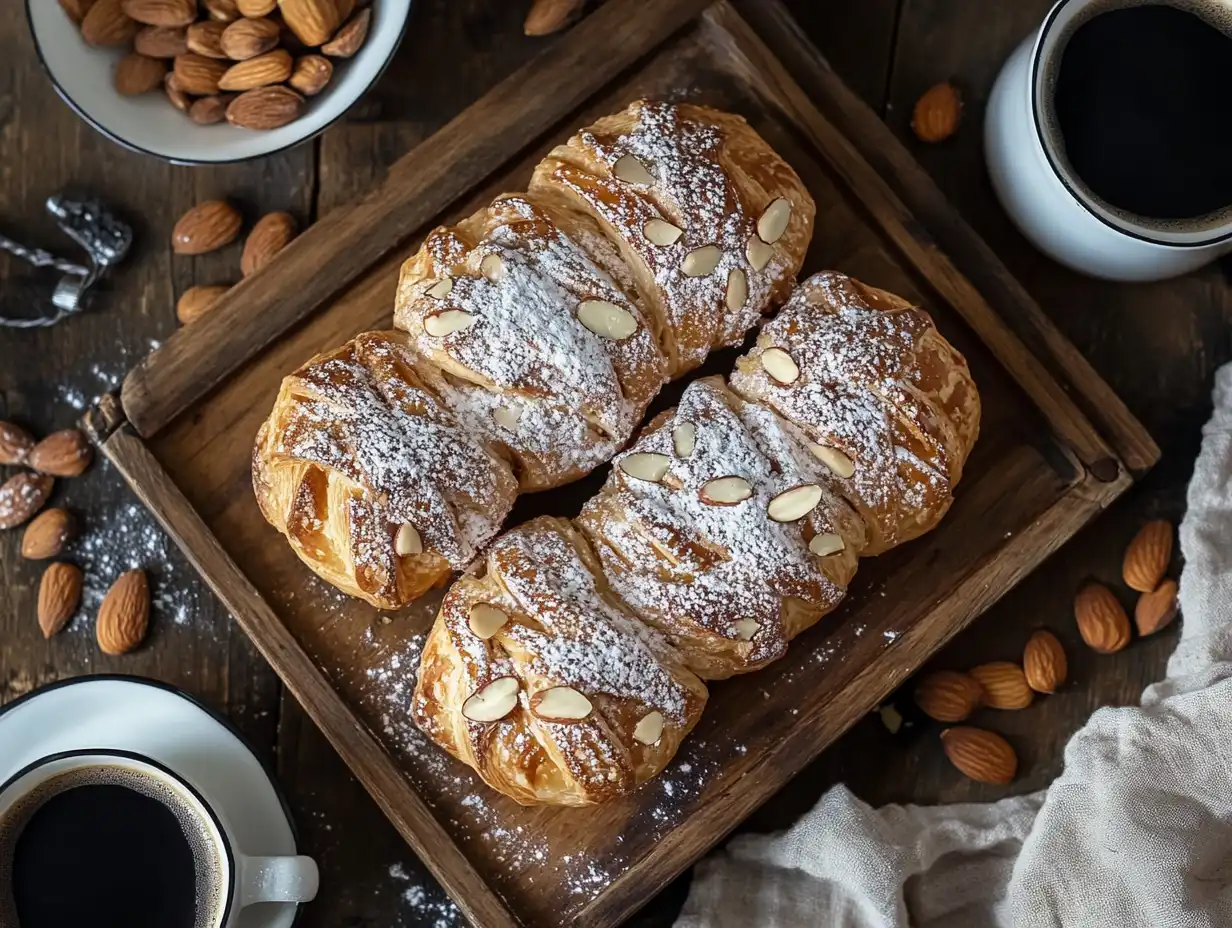 Freshly baked Mandelgipfel with powdered sugar and almonds