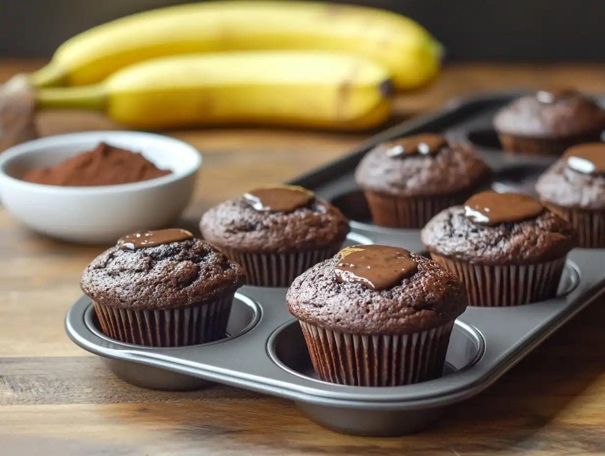 Freshly baked chocolate banana protein muffins on a wooden table