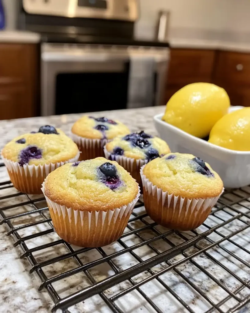 Freshly baked lemon-blueberry muffins on a cooling rack