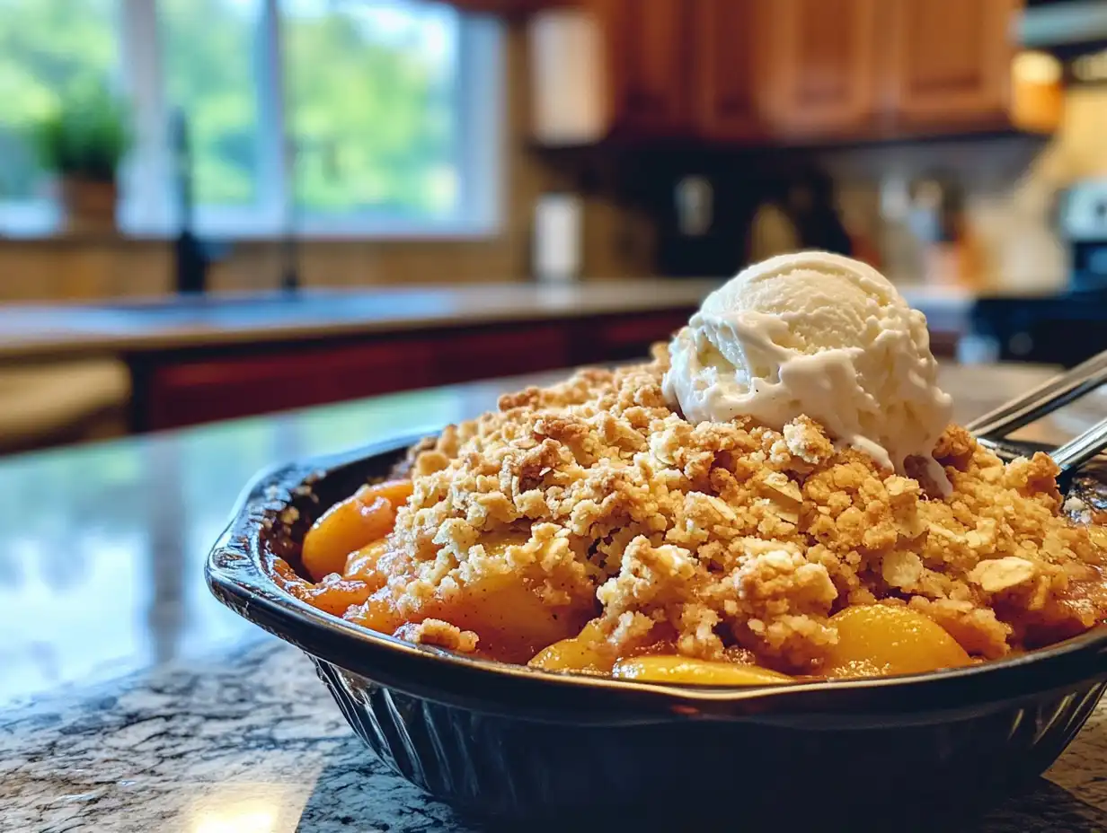 Freshly baked peach crumble with vanilla ice cream