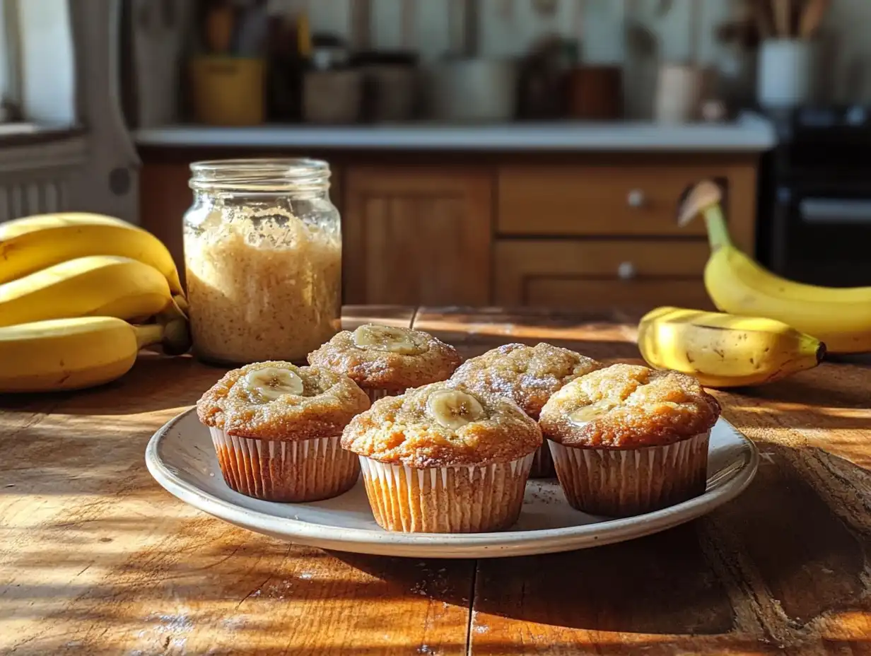 Freshly baked sourdough banana muffins with ripe bananas and sourdough starter in the background