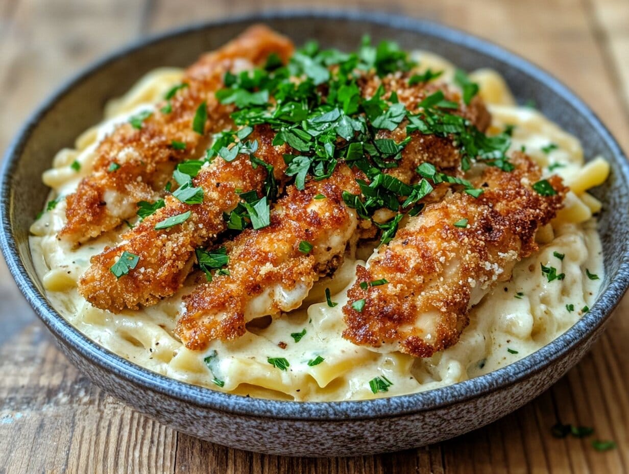 A plate of Garlic Parmesan Chicken Pasta garnished with parsley